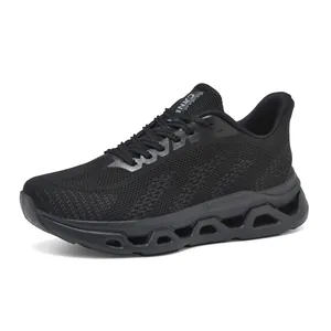 Breathable black mesh running shoes for men featuring a stylish chunky hollowed-out sole