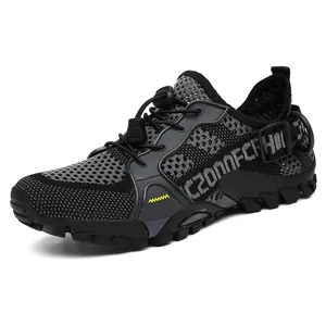 Black breathable mesh outdoor hiking wading shoes with rugged rubber sole