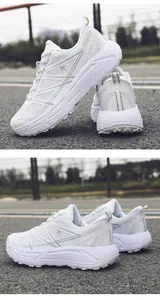 Side and back view of white breathable sneakers with thick cushioned soles