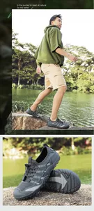 Detail of men's quick-dry trekking shoes featuring non-slip soles in an outdoor setting