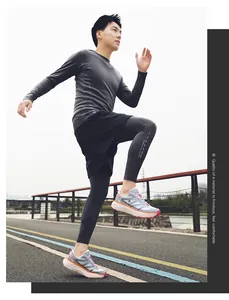Breathable thick-sole running shoes shown on an Asian model during outdoor exercise.