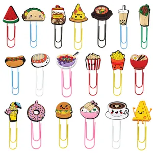 Set of 20 creative food-themed paper clips featuring cute cartoon PVC toppers for bookmarks.