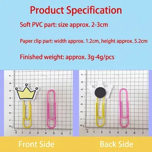 Detailed dimensions of yellow crown shaped paper clip bookmark with front and back views