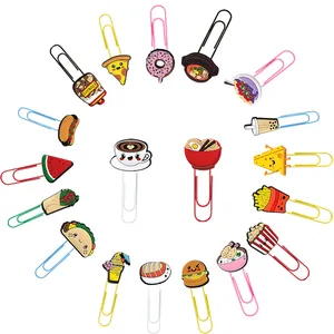 Detailed view of colorful cartoon food-shaped paper clips and creative bookmarks.