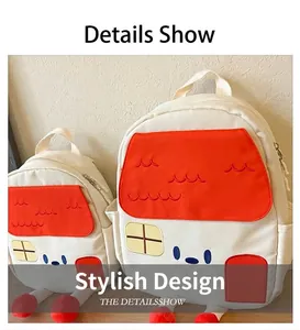 Vista detallada de las mochilas de dibujos animados con tema de casa para niños pequeños
