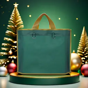 Eleganter dunkelgrüner Geschenkkaufbeutel mit goldenen Griffen in Weihnachtsoptik