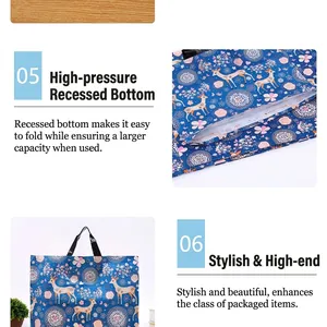 Detailansicht einer blauen Kunststoff-Geschenktüte mit Blumen und Hirschmotiv