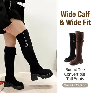 Damen Übergröße Breite Passform Overknee-Stiefel Elastisch Mikrofaser Wildlederimitat Dicke Sohle Plateau Stiefel Fleecegefüttert Warm Winterschuhe