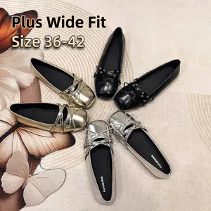 Mary Jane Ballet Flats Microfiber Leather Square Toe Bow Cross Straps Wide Fit Comfort Shoes For Women Plus Size Flat Shoes
