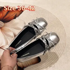 Silver square toe Mary Jane ballet flats with bow and cross straps for wide feet