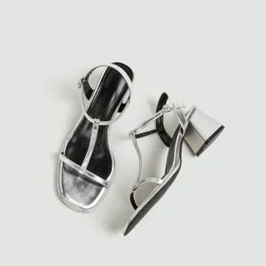 Elegante zilveren T-strap sandalen met een stevige blokhak en open teen ontwerp