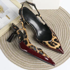 Women Leopard Print Pointed Toe Slingback High Heels Patchwork Patent Leather Stiletto Sandals For Party Fashion Sexy