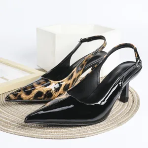 Elegant leopard print and black patent leather slingback pointed-toe high heels for women