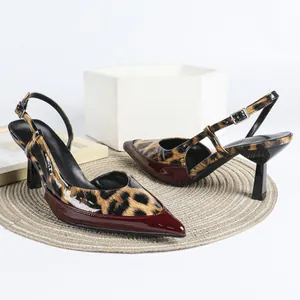 Elegant leopard print pointed toe slingback high heels with maroon patent leather tip