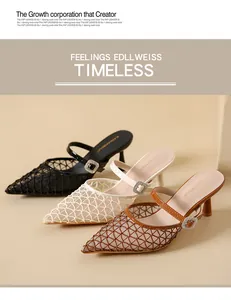 Close-up of vintage mesh high-heel mules with rhinestone buckles in three colors.