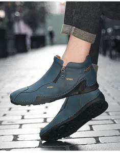 Stylish blue leather high-top shoes with side zipper and durable rubber sole