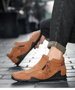 Men's brown high-top leather casual shoes with side zipper and sporty non-slip sole