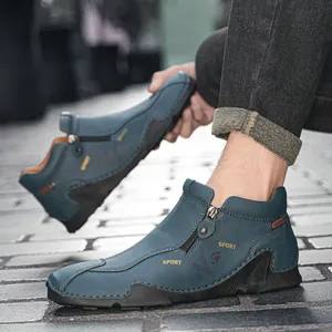 Stylish blue high-top leather shoes with zip closure and sporty design for men