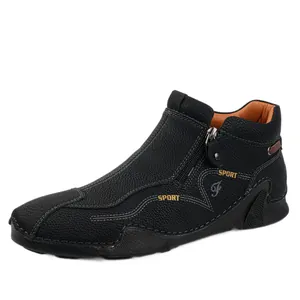 Men's high-top leather shoes with side zipper and athletic design in black