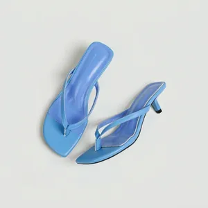 Chanclas de Punta Cuadrada y Tacón de Aguja Bajo para Mujer de Cuero de Vaca Sandalias Estilo Coreano Minimalista Pantuflas