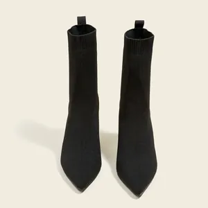 Damen Spitzzulaufend Blockabsatz Hoher Absatz Socken Stiefel Stretch Strick Ankle Boots Elegante Damen Slip On Mode Schuhe