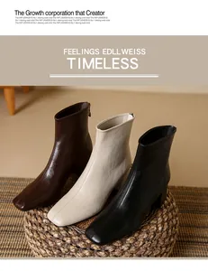 Elegant square-toe ankle boots with comfortable block heels in brown, beige, and black.