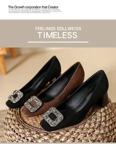 French square-toe pumps with rhinestone buckles and block heels for women