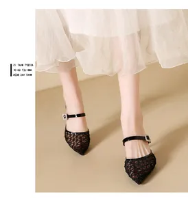 Elegant black mesh pointed-toe Mary Jane sandals with a sparkling rhinestone buckle detail
