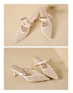 Detailed view of elegant retro mesh kitten heel mules with pointed toe and buckle strap