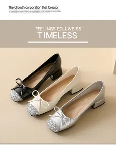 Elegant French style Mary Jane block heel shoes with bows and glitter toes in three colors