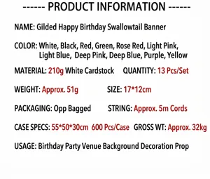 Detailed product specifications and dimensions for gold foil happy birthday fishtail banner