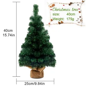 Mini 40cm artificial Christmas tree with burlap base showing size and weight details.