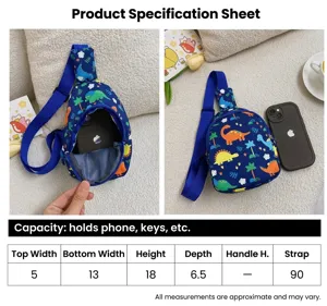 Detaillierte Größentabelle für die Kinder-Brusttasche mit Dinosaurier-Print und Maßen