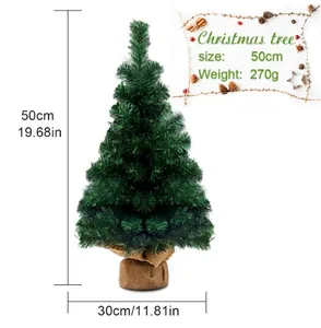 Detailed view of 50cm mini green artificial Christmas tree with burlap base and size specs