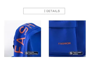 Close-up of blue fabric boys' chest bag with orange "FASHION" letter printing.