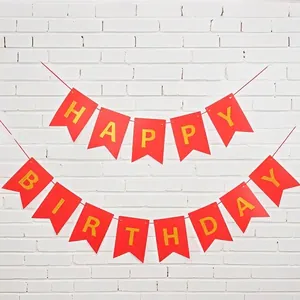 Gold foil Happy Birthday lettering on red swallowtail paper flags banner for party decor