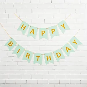 Mint green Happy Birthday bunting banner with gold foil letters for party decor