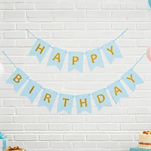 Blue and gold swallowtail Happy Birthday bunting banner for festive party wall decoration.