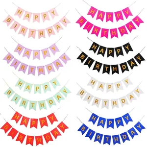 Eight colors of Happy Birthday bunting banners with gold foil letters for party decoration