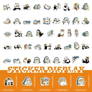 Detailed display of 50 Kawaii cat stickers in shark costumes with size dimensions