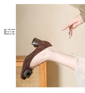 Elegant brown suede chunky heel pumps with square toe and sparkling rhinestone buckle detail