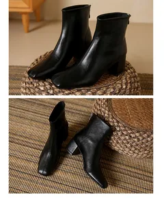 Detailed view of elegant black square-toe Chelsea boots featuring a sturdy chunky block heel.