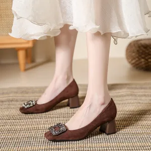 Women French Retro Square Toe Thick Heel High Heels Elegant Rhinestone Buckle Microfiber Suede Pumps Office Daily Shoes