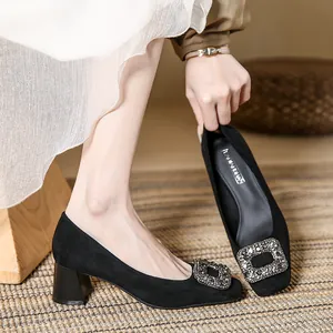 French style elegant black square toe pumps with rhinestone buckle and chunky heel.