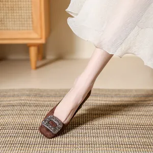 French style square toe block heel pumps with sparkling rhinestone buckle detail