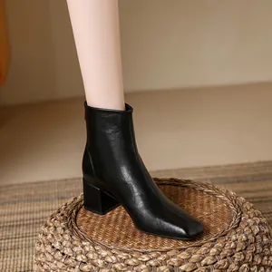 Elegant black square-toe leather ankle boots with comfortable chunky block heel for women
