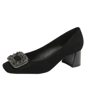Elegant black suede chunky heel pumps with square toe and rhinestone buckle detail
