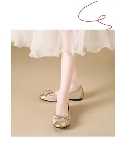 Eleganti ballerine color oro con fiocco e punta metallica da donna in stile francese