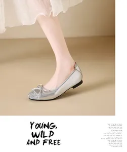 Vista dettagliata di eleganti ballerine francesi argento con punta glitterata e fiocco sottile.