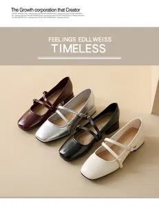 Four colors of ballet style square toe Mary Jane shoes with double straps and low block heels.